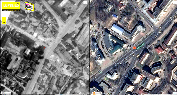 Вид сверху в 1941 году и сегодня. Красной точкой отмечено место, где находился зал "Париж"